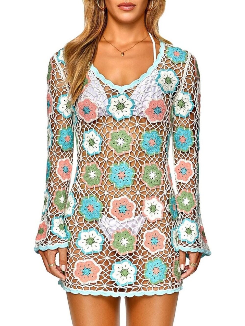 Boho Crochet Beach Cover-Up Dress with Bell Sleeves - Perfect Summer Swimwear